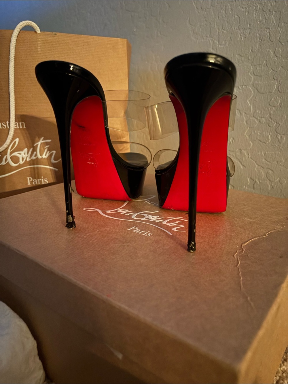 Christian Louboutin Black Patent Platform Mules with Red Soles - Picture 3 of 5